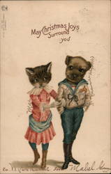 Dog and Cat Dressed in Clothes and Acting Like a Couple Christmas Postcard Postcard Postcard