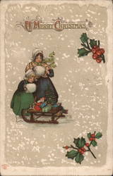 Mother and Child Looking at Sled With Toys Children Postcard Postcard Postcard