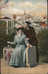 Couple on Park Bench With City in Background Postcard