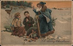 Santa In Blue Robe Sitting and Talking With Children In Snow Postcard