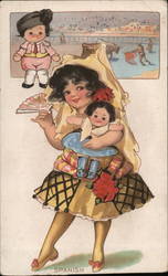 Child dressed in traditional Spanish attire carrying a doll and a fan Spain Postcard Postcard Postcard