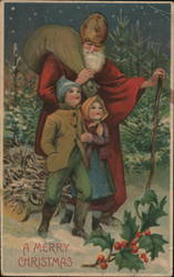 Santa Claus And Children Walking Through Snow Postcard Postcard Postcard