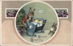 Rabbit Rocking Chiks in Bassinet With Chicks Postcard Postcard Postcard