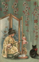 The Japanese Girl Playing the Samisen Women Postcard Postcard Postcard