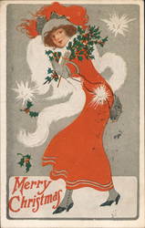 Woman Carrying Presents and Mistletoe Postcard