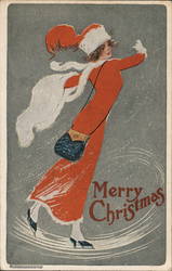 Woman Ice Skating Christmas Postcard Postcard Postcard