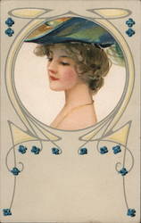 Woman in blue hat in circular frame looks sideways Art Nouveau Postcard Postcard Postcard