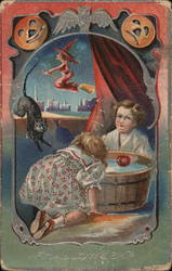 Children Bobbing For Apples Witch Riding Broom Halloween Postcard Postcard Postcard