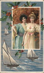 Sailboats and Holly With Inset Image of Two Women Christmas Postcard Postcard Postcard