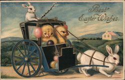 Rabbits Pulling Chicks in Coach With Chicks Postcard Postcard Postcard