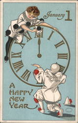 People In Fancy Dress Turning Clock to Midnight Postcard