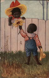 Young Boy Handing Sunflower Over Fence to Young Girl Postcard