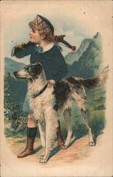 Boy posing with hunting Dog Dogs Postcard Postcard Postcard