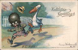 Valentine Greetings Pelican Chasing African American Child Postcard