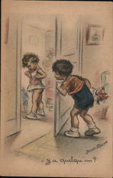 Little girl and boy playing dress up and peek-a-boo Postcard