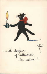 French black cat with red bow carrying a single candle. Postcard