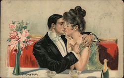 Couple Almost Kissing at Restaurant Postcard