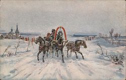 Riding a Horse Powered Snpw Carriage Russia Artist Signed Postcard Postcard Postcard