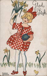 Glad Task - Girl with daffofils and a red chequred dress Postcard