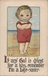 Child in old style bathing costume stands on beach Postcard