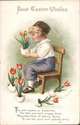 Dutch Child Planting Tulips in Egg Vases Postcard