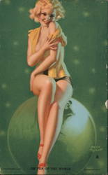 Scantily Clad Woman Sitting on Top of the Earth Swimsuits & Pinup Earl Moran Arcade Card Arcade Card Arcade Card