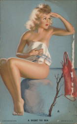 Woman Covered With Towel and Bathing Suit Drying on Branch Pinup Arcade Card