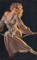 Blonde Woman in Unbuttoned Jumpsuit Pinup Arcade Card