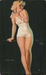 Blonde Woman Dressed in White Bathing Suit Pinup Arcade Card