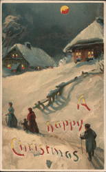 People Walk Between Two Houses in Snow At Night Postcard