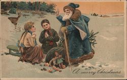 A Merry Christmas Santa in Blue with Children Santa Claus Postcard Postcard Postcard