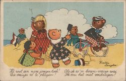 Male teddy bear on bicycle teases girl teddy bears at the beach Postcard Postcard Postcard