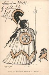 Artist Postcard by Hengeler: Caricature of Athena with Owl Artist Signed Postcard Postcard Postcard