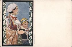 Czech Woman nd child in traditional ethnic dress Postcard