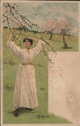 Woman Standing in Field With Cherry Trees in Bloom Artist Signed Mailick Postcard Postcard Postcard