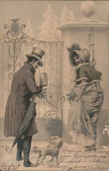 Gentleman with boxes and lady in front of the gate Postcard