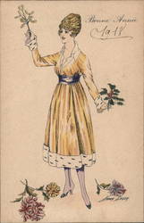 Woman Holding Holly New Year 1918 Postcard