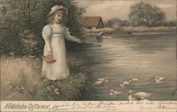 Girl in a Hat feeding Ducks Postcard