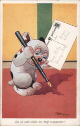 Cartoon dog depicted holding a giant pen writing a postcard Postcard