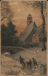 Children Playing on Frozen Creek at Night Outside of Church Postcard