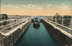 Ship passing through lower lock to Atlantic Ocean, Panama Canal. Postcard