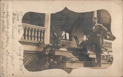 Man Standing on Steps of Front Porch Victorian 1908 Postcard