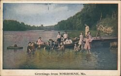 Family posing in a lake and boat Norborne, MO Postcard Postcard Postcard