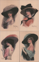 Set of 4: Glamour Women with Big Hats Postcard