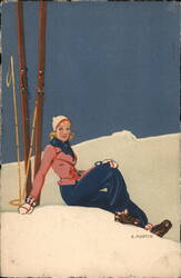 E. Martin Blonde Woman Skier Switzerland Postcard Artist Signed Postcard Postcard Postcard