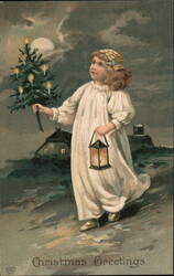 Christmas Greetings Girl with Tree Children Postcard Postcard Postcard