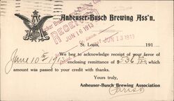 Anheuser-Busch Brewing Association Receipt Postcard St. Louis, MO Postcard Postcard Postcard