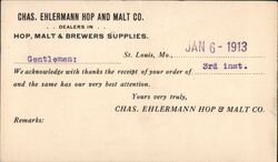 Chas. Ehlermann Hop and Malt Co. Business Card Postcard