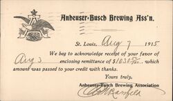 Anheuser-Busch Brewing Assn. Receipt Postcard St. Louis, MO Postcard Postcard Postcard