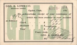 Geo. A. Lowe Co. Hardware Jobbers Ogden Utah Receipt Postcard